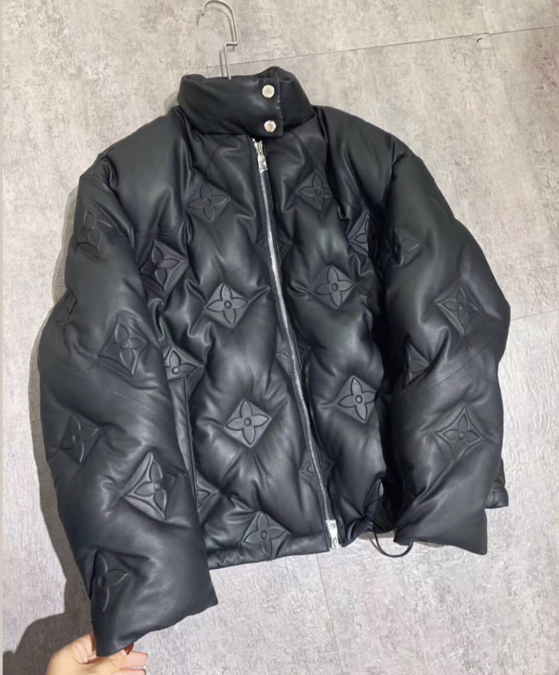 monogram flower leather down jacket